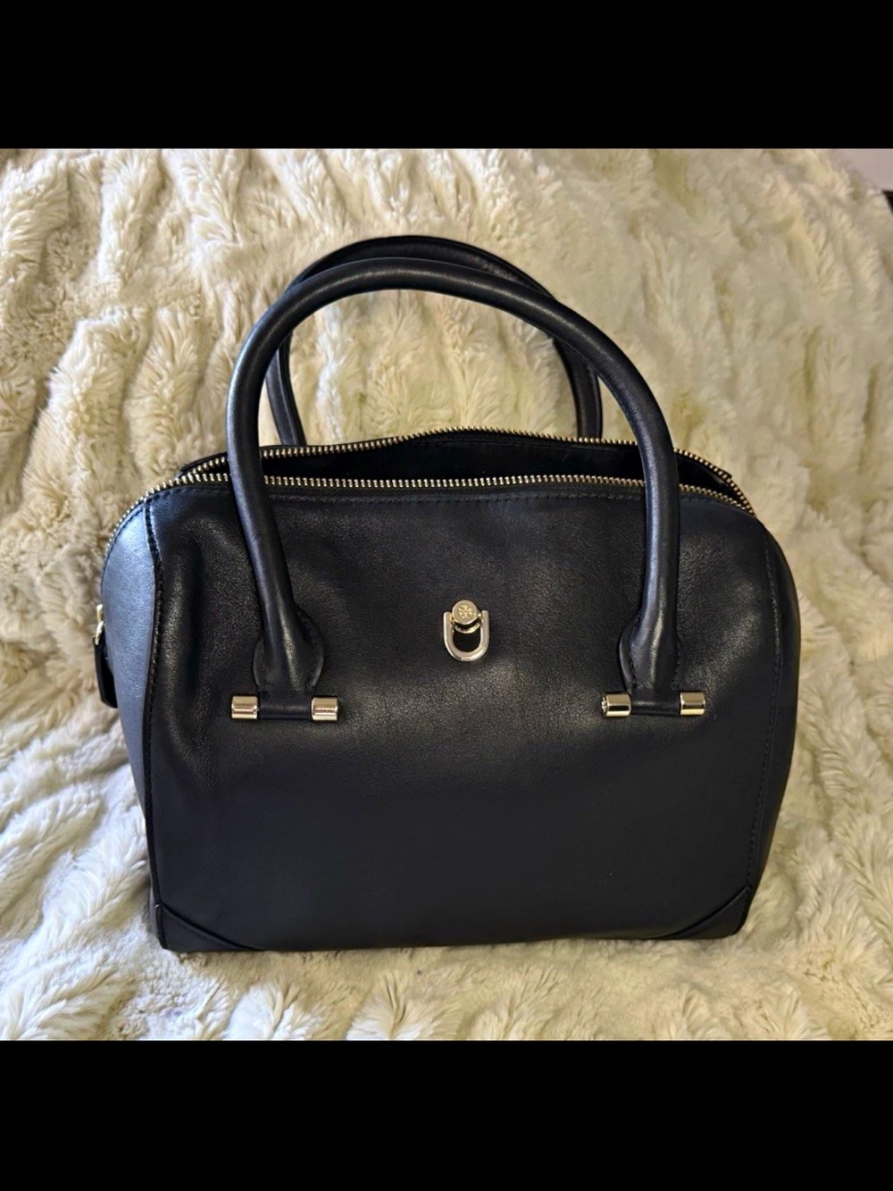 Tory Burch Black Leather Satchel with Gold Hardware